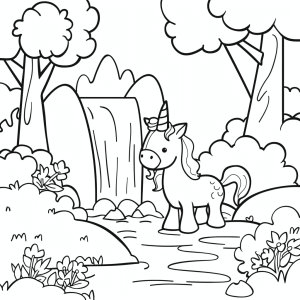 Einhorn am Wasserfall - Magisches Einhorn am Wasserfall - Malvorlage