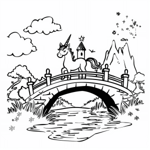 Einhorn und verzauberte Brücke - Einhorn und Verzauberte Brücke Malvorlage