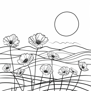 Mohnblumen und Feldlandschaft - Mohnblumen Feldlandschaft Ausmalbild