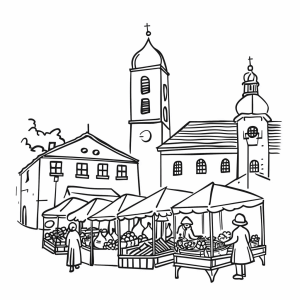 Ostermarkt - Ostermarkt Ausmalmotiv für Kinder